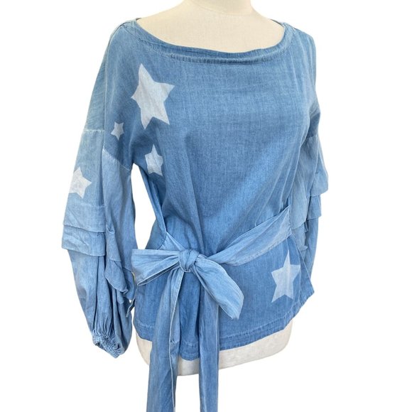 Nanette Lepore Tops - NWT Nanette Lepore Chambray Star Tiered Balloon Sleeve Top Whimsigoth Boho-S